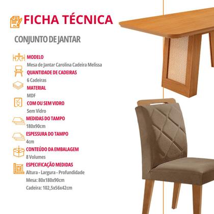 Imagem de Mesa de Jantar Carolina Tampo 180cm MDF Canto Copo e 6 Cadeiras Melissa Moderna Mobilia