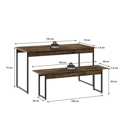 Imagem de Mesa de Jantar com 1 Banco Estilo Industrial TUB