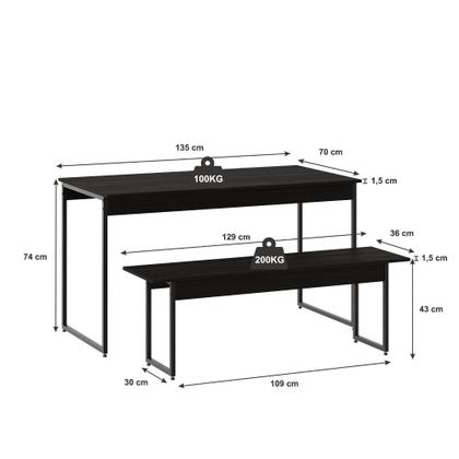 Imagem de Mesa de Jantar com 2 Bancos Estilo Industrial TUB