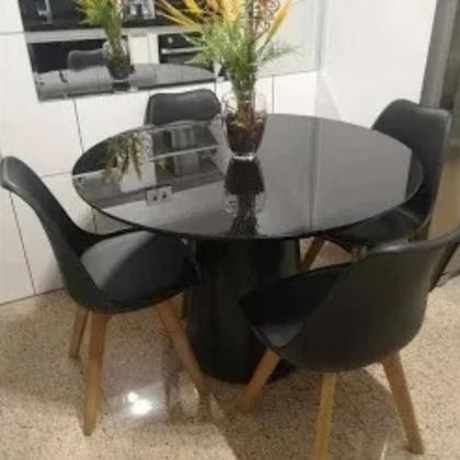 Imagem de Mesa de Jantar Cone 100cm Tampo Laca Preta + Vidro Base Laca Preta