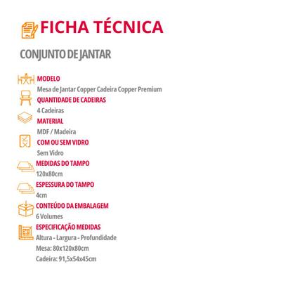 Imagem de Mesa de Jantar Copper 120cm Tampo Canto Copo MDF Laminado com 4 Cadeiras Copper Premium Moderna Mobília