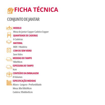 Imagem de Mesa de Jantar Copper 180cm Tampo Canto Copo MDF com 6 Cadeiras Copper Moderna Mobília