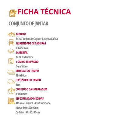 Imagem de Mesa de Jantar Copper 180cm Tampo Canto MDF com 6 Cadeiras Safira Moderna Mobília