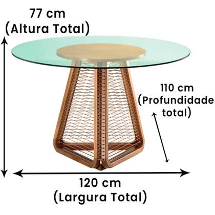 Imagem de Mesa de Jantar Coss Ozki 120 cm Madeira Eucalipto Cedro Redonda Corda Redonda Canela e Tampo de Vidr