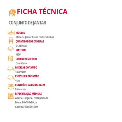 Imagem de Mesa de Jantar Diane 180cm Tampo MDF Vidro com 6 Cadeiras Lisboa Moderna Mobília