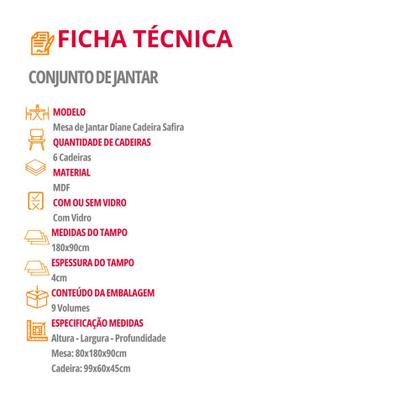 Imagem de Mesa de Jantar Diane 180cm Tampo MDF Vidro com 6 Cadeiras Safira Moderna Mobília