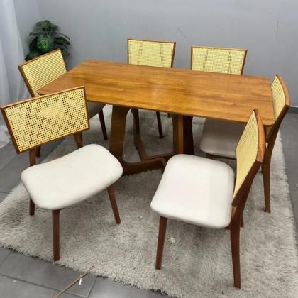 Imagem de Mesa de Jantar Dubai Flex 160x80cm Sem Vidro e 6 Cadeiras Livia em Linho Bege Madeira Cel Móveis