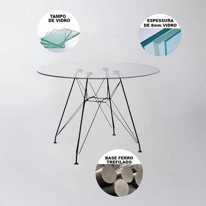 Imagem de Mesa de Jantar Eames Eiffel de Ferro Preto Tampo Redondo Vidro 110cm com 4 Cadeiras Pretas