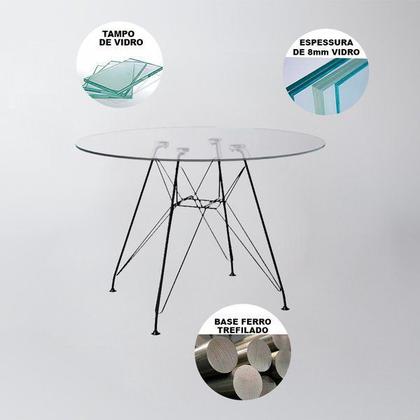 Imagem de Mesa de Jantar Eames Eiffel de Ferro Preto Tampo Redondo Vidro 110cm com 4 Cadeiras Pretas