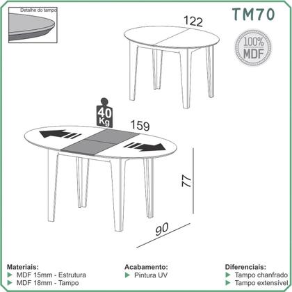 Imagem de Mesa de Jantar Extensível de 122 cm a 159 cm Dalla Costa MDF