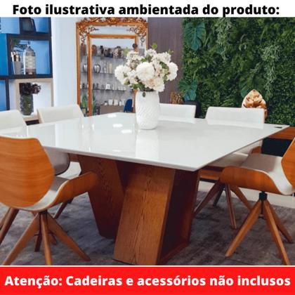 Imagem de Mesa de Jantar Flora 140 cm Quadrada Borda Reta Madeira Vidro Colado Carvalho Mel Laca Branco
