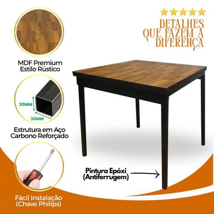 Imagem de Mesa de Jantar Industrial para 4 Lugares 70x70cm Amadeirada Rústica Retalho MDF Premium Metalon 30x30mm Estilo e Elegância