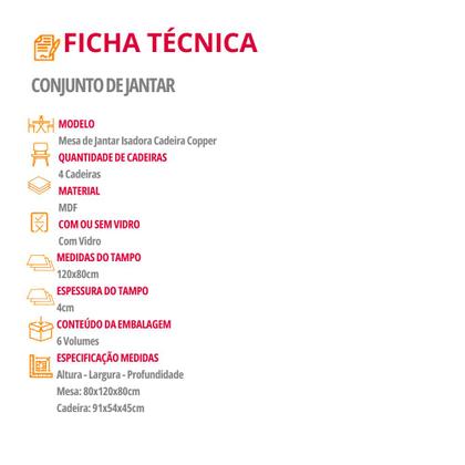 Imagem de Mesa de Jantar Isadora 120cm Tampo MDF Vidro com 4 Cadeiras Copper