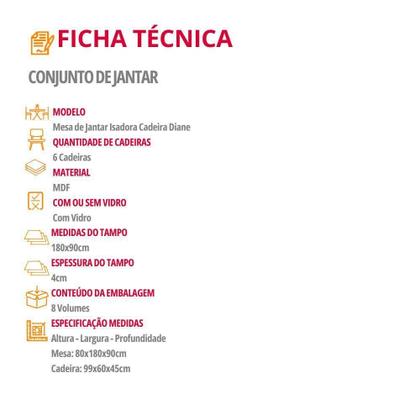 Imagem de Mesa De Jantar Isadora 180cm Tampo Mdf Vidro Com 6 Cadeira Diane Linho Capuccino Off White Natural Serigueira