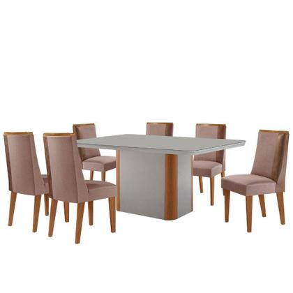Imagem de Mesa De Jantar Isadora 180cm Tampo Mdf Vidro Com 6 Cadeira Diane Linho Capuccino Off White Natural Serigueira