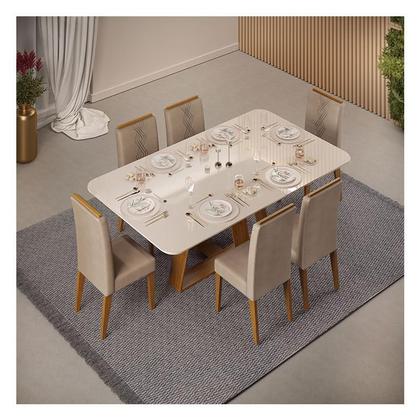 Imagem de Mesa de Jantar Kiara Freijó Off White com 6 Cadeiras Yasmin Freijó Veludo Kraft - Dj Móveis