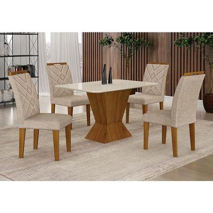Imagem de Mesa de Jantar Larissa 120x80 Freijó Off White com 4 Cadeiras MDF Freijó Linho Palha - Leifer Móveis