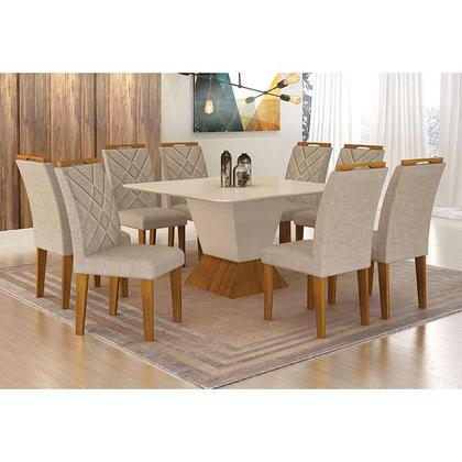Imagem de Mesa de Jantar Larissa 135x135 Off White Freijó com 8 Cadeiras MDF Freijó Linho Palha - Leifer Móveis