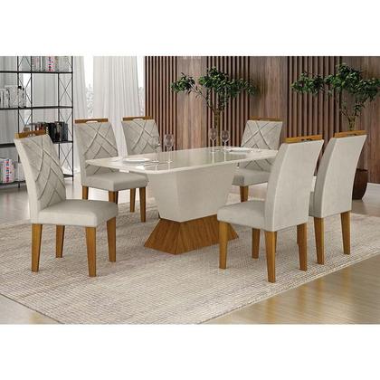 Imagem de Mesa de Jantar Larissa 180x90 Off White Freijó com 6 Cadeiras MDF Freijó Joli Palha - Leifer Móveis