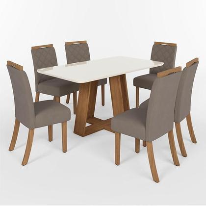 Imagem de Mesa de Jantar Lins 160cm Canto Arredondado com Vidro Ambiente Nature Off White com 6 Cadeiras Bella Amêndoa - Henn