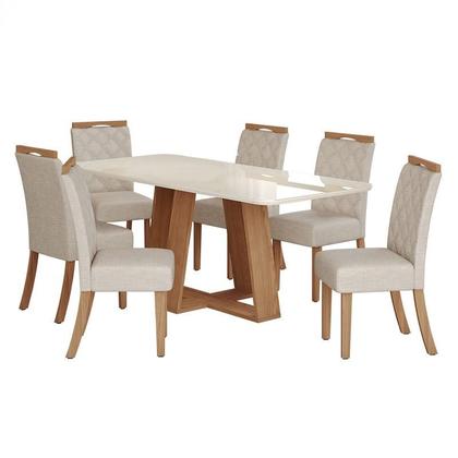 Imagem de Mesa de Jantar Lins 160cm Canto Arredondado com Vidro Ambiente Nature Off White com 6 Cadeiras Bella Linho - Henn