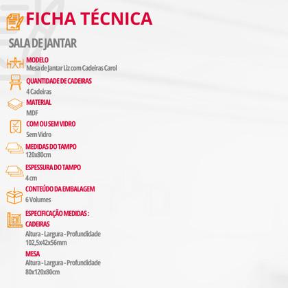 Imagem de Mesa de Jantar Liz 120cm MDF Canto copo e com 4 Cadeiras Carol