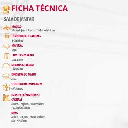 Imagem de Mesa de Jantar Liz 120cm MDF Canto copo e com 4 Cadeiras Melissa