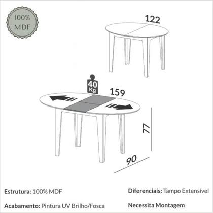 Imagem de Mesa de Jantar Oval Extensível até 159x90cm em MDF Freijó Preto Fosco Dalla Costa