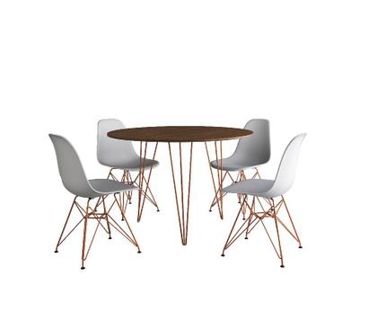 Imagem de Mesa de Jantar Redonda 90cm Amêndoa Clips 3 Pés com 4 Cadeiras Eames Eiffel Brancas Base Cobre