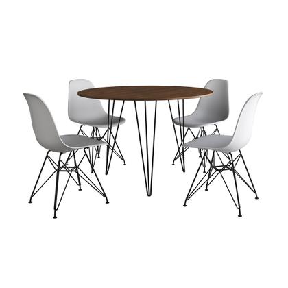 Imagem de Mesa de Jantar Redonda 90cm Amêndoa Clips 3 Pés com 4 Cadeiras Eames Eiffel Brancas Ferro Preto