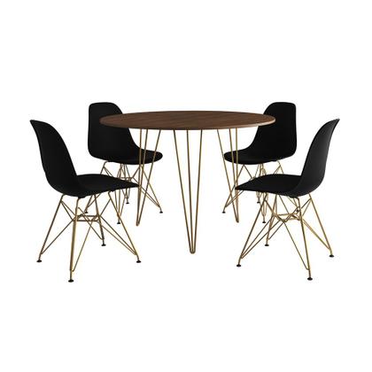 Imagem de Mesa de Jantar Redonda 90cm Amêndoa Clips 3 Pés com 4 Cadeiras Eames Eiffel Pretas Base Dourada
