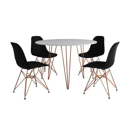 Imagem de Mesa de Jantar Redonda 90cm Branca Clips 3 Pés com 4 Cadeiras Eames Eiffel Pretas Base Cobre
