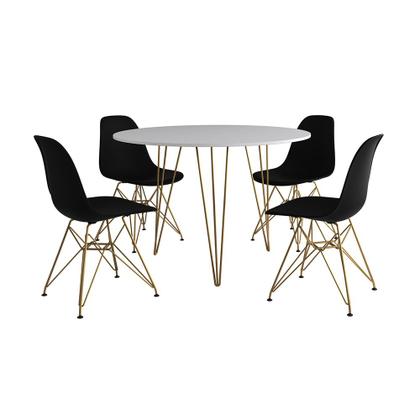 Imagem de Mesa de Jantar Redonda 90cm Branca Clips 3 Pés com 4 Cadeiras Eames Eiffel Pretas Base Dourada