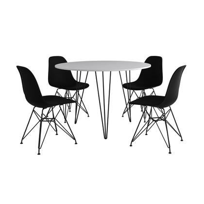 Imagem de Mesa de Jantar Redonda 90cm Branca Clips 3 Pés com 4 Cadeiras Eames Eiffel Pretas Ferro Preto