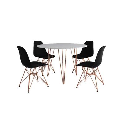 Imagem de Mesa de Jantar Redonda 90cm Branco Clips 3 Pés com 4 Cadeiras Eames Eiffel Pretas Base Cobre