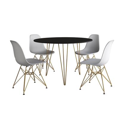 Imagem de Mesa de Jantar Redonda 90cm Preta Clips 3 Pés com 4 Cadeiras Eames Eiffel Brancas Base Dourada