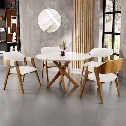Imagem de Mesa De Jantar Redonda Cora 120cm Off White M04 com 04 Cadeiras Living Suran Linho Champagne - Lyam