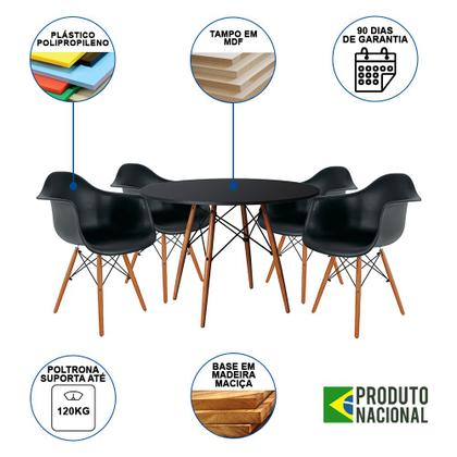 Imagem de Mesa de Jantar Redonda Eiffel Eames em Madeira 90cm Preta com 4 Poltronas Pretas