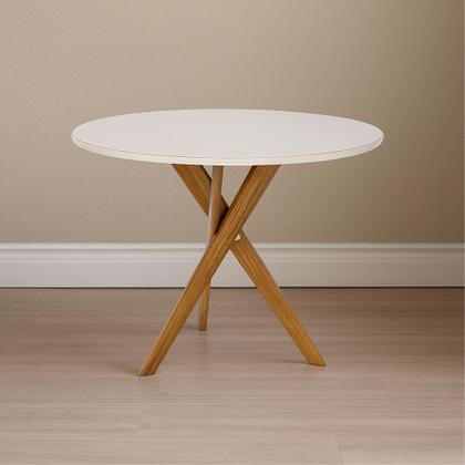 Imagem de Mesa de Jantar Redonda Olinda 109cm com Tampo de Vidro Off White e Base em Madeira Maciça Cinamomo