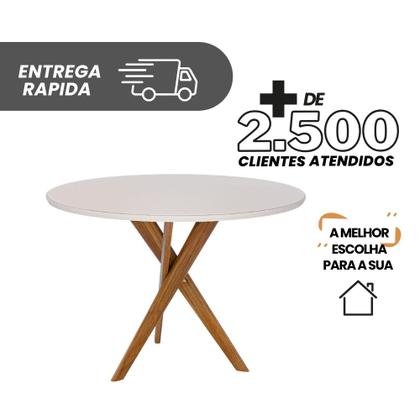 Imagem de Mesa de Jantar Redonda Olinda 109cm com Tampo de Vidro Off White e Base em Madeira Maciça Cinamomo
