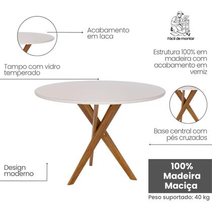 Imagem de Mesa de Jantar Redonda Olinda 109cm com Tampo de Vidro Off White e Base em Madeira Maciça Cinamomo