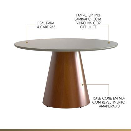 Imagem de Mesa de Jantar Redonda para 4 Lugares 120cm Liz Base Cone Amadeirado Tampo Vidro Off White CCS