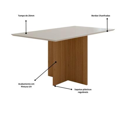 Imagem de Mesa de Jantar Retangular 6 Lugares 160cm Tampo Chanfrado sem Vidro Helô Carvalho/Off White - Poliman