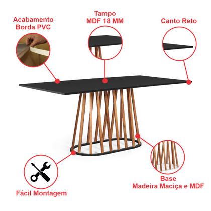 Imagem de Mesa de Jantar Retangular 6 Lugares 160x90cm Base Madeira Gabi Preta - Straub Web