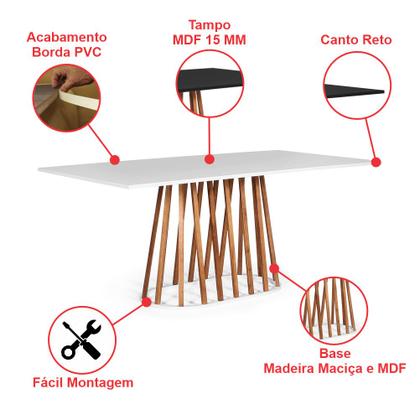 Imagem de Mesa de Jantar Retangular 8 Lugares 200x90cm Base Madeira Gabi Branca - Straub Web
