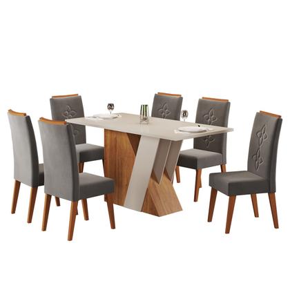 Imagem de Mesa de Jantar Retangular Benedita C/6 Cad Flora em Madeira Maciça Mel/Blonde/Veludo Grafite