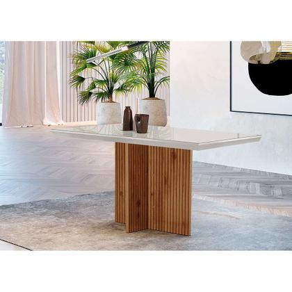Mesa de Jantar Retangular com Tampo de Vidro Ane Ripado Imbuia e Off White - Modern Imagem de Mesa de Jantar Retangular com Tampo de Vidro Ane Ripado Imbuia e Off White