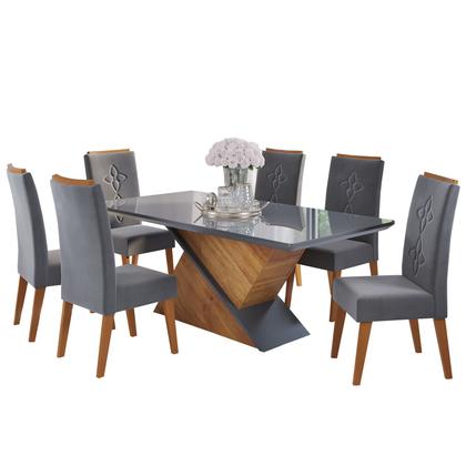 Imagem de Mesa de Jantar Retangular Diane C/6 Cad Flora em Madeira Maciça Mel/Grafite/V.grafite