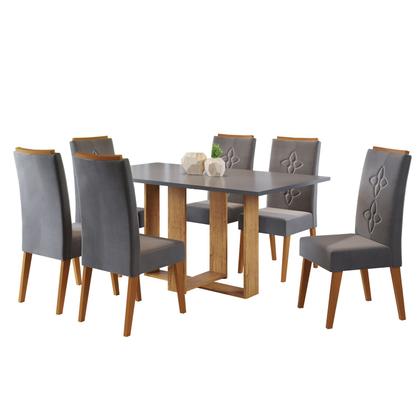 Imagem de Mesa de Jantar Retangular Nevoa C/6 Cad Flora em Madeira Maciça Mel/Cinza Brilho/V.grafite