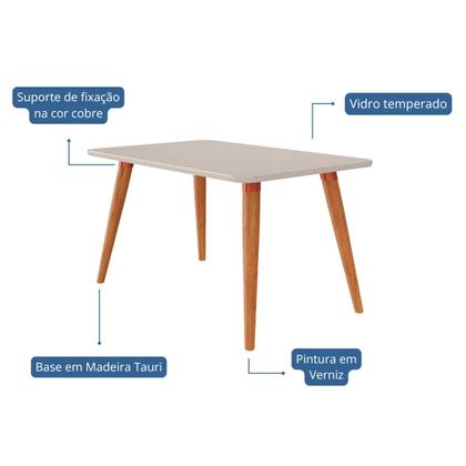Imagem de Mesa de jantar Retangular Tampo de Vidro com Pés de Madeira Retrô Cimol Adele 130cm Madeira/Off White